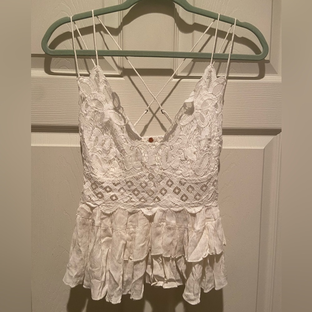 Free People White Lace Ruffled Spaghetti Strap Tank Top